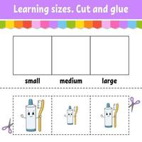 Learning sizes. Cut and glue. Easy level. Color activity worksheet. Game for children. Cartoon character. Vector illustration.