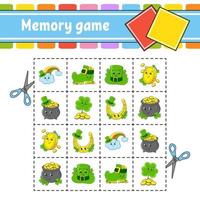 Memory game for kids. Education developing worksheet. Activity page with pictures. St. Patrick's day. Logical thinking training. Isolated vector illustration. Funny character. cartoon style.