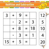 Addition and subtraction. Task for kids. Cut and paste. Education developing worksheet. Activity page. Game for children. Funny character. Isolated vector illustration. cartoon style.