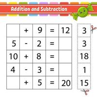 Addition and subtraction. Task for kids. Cut and paste. Education developing worksheet. Activity page. Game for children. Funny character. Isolated vector illustration. cartoon style.