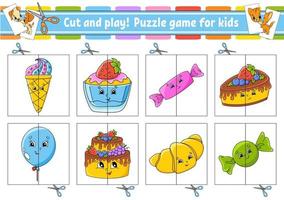 Cut and play. Flash cards. Color puzzle. Education developing worksheet. Birthday theme. Activity page. Game for children. Funny character. Isolated vector illustration. cartoon style.