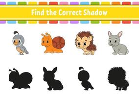 encontrar la sombra correcta. tema de animales hoja de trabajo de desarrollo educativo. juego de correspondencias para niños. página de actividades de colores. rompecabezas para niños. lindo personaje ilustración vectorial estilo de dibujos animados vector