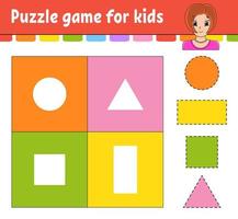 Puzzle game for kids. Cut and paste. Cutting practice. Learning shapes. Education worksheet. Circle, square, rectangle, triangle. Activity page. Cartoon character. vector