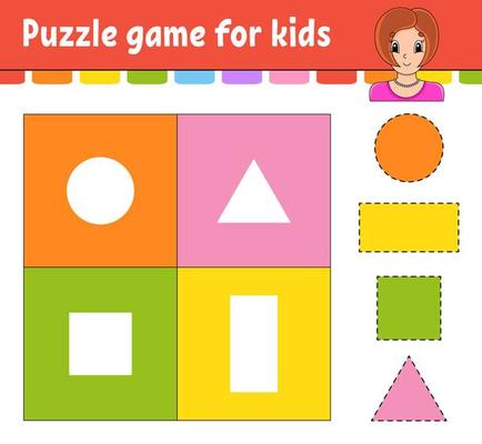 Puzzle game for kids. Cut and paste. Cutting practice. Learning shapes. Education worksheet. Circle, square, rectangle, triangle. Activity page. Cartoon character.
