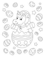 Cheerful unicorn celebrates easter. Coloring book page for kids. Cartoon style character. Vector illustration isolated on white background.