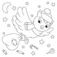 An owl carries a sack of gifts for Christmas. Coloring book page for kids. Cartoon style character. Vector illustration isolated on white background.