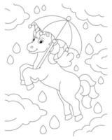 A cute unicorn flies through the rainy sky with an umbrella. Coloring book page for kids. Cartoon style character. Vector illustration isolated on white background.