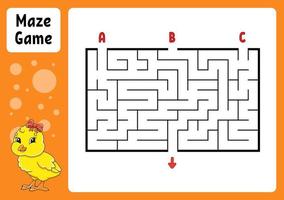 Rectangle maze. Game for kids. Three entrances, one exit. Education worksheet. Puzzle for children. Labyrinth conundrum. Color vector illustration. Find the right path. Easter theme.