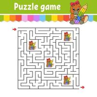 Square maze. Game for kids. Puzzle for children. Labyrinth conundrum. Color vector illustration. Find the right path. Isolated vector illustration. cartoon character.