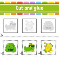 Cut and glue. Game for kids. Education developing worksheet. Color activity page. cartoon character. St. Patrick's day. vector