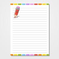 Sheet template for notebook, notepad, diary. Lined paper. Cute character. With a color image. Isolated vector illustration. cartoon style.