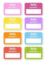 Hello name badge. Bright stickers. Rectangular label. Color vector isolated illustration.