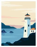 Lighthouse in ocean. Landscape background Vector illustration of mountains and lighthouse.