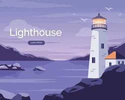 Lighthouse in ocean. Landscape Vector illustration of beautiful blue sea background mountains and lighthouse.