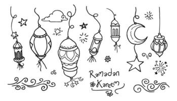 Doodles line art of ramadan kareem greeting card concept. Vector illustration.