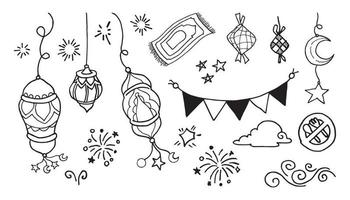 Doodles line art of ramadan kareem greeting card concept. Vector illustration.