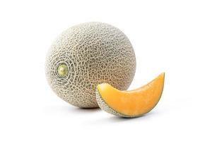Sliced cantaloupe - Close up, clipping path, cut out. Beautiful tasty fresh ripe rock cantaloup melon fruit with seeds isolated on white background. photo