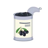 Dark olives in open tin. Ready made traditional Greek food, delicious appetizer. Vector flat illustration