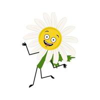 Chamomile character with crazy happy emotion, joyful face, smile eyes, dancing arms and legs. Person with funny expression, daisy flower hero. Vector flat illustration