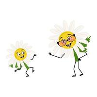 Chamomile character with glasses and grandson dancing character with happy emotion, joyful face, smile eyes, arms and legs. Person with expression, daisy flower. Vector illustration