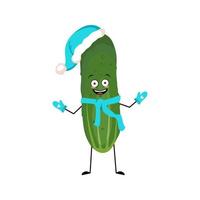 Cucumber character in Santa hat with happy emotion, joyful face, smile eyes, arms and legs. Person with funny expression, green vegetable or emoticon. Vector flat illustration