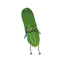 Cucumber character with crying and tears emotion, sad face, depressive eyes, arms and legs. Person with melancholy expression, green vegetable emoticon. Vector flat illustration