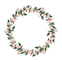 Wreath of peonies. Round frame, pink cute flowers and leaves. Spring pink blooming composition with buds. Holiday decorations for wedding, holiday, postcard, poster and design. Vector illustration