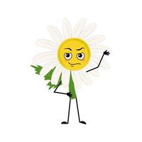 Chamomile character with emotions of hero, brave face, arms and leg. Person with courage expression, daisy flower. Vector flat illustration