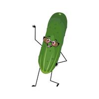 Cucumber character with glasses and happy emotion, joyful face, smile eyes, arms and legs. Person with expression, green vegetable or emoticon. Vector flat illustration