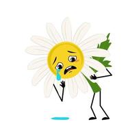 Chamomile character with crying and tears emotion, sad face, depressive eyes, arms and legs. Person with melancholy expression, daisy flower. Vector flat illustration