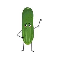 Cucumber character with emotions of hero, brave face, arms and leg. Person with courage expression, green vegetable or emoticon. Vector flat illustration