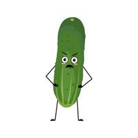 Cucumber character with angry emotions, grumpy face, furious eyes, arms and legs. Person with irritated expression, green vegetable or emoticon. Vector flat illustration