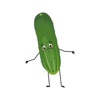 Cucumber character with sad emotions, depressed face, down eyes, arms and legs. Person with melancholy expression, green vegetable emoticon. Vector flat illustration