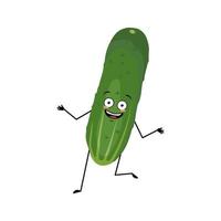 Cucumber character with crazy happy emotion, joyful face, smile eyes, arms and legs. Person with expression, vegetable or emoticon. Vector illustration