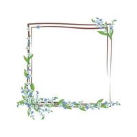 Square wreath of blue forget me not flowers. Spring blooming composition or frame with buds and leaves. Festive decoration for wedding, holiday, postcard and design. Vector flat illustration