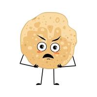 Pancake character with angry emotions, grumpy face, furious eyes, arms and legs. Baking person, homemade pastry with irritated expression. Food emoticon for carnival or Maslenitsa. Vector illustration