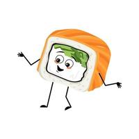 personaje de sushi con emociones alegres, cara feliz, sonrisa, ojos, brazos y piernas. persona con expresión divertida, emoticono de comida asiática. ilustración plana vectorial vector
