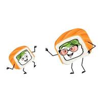 Sushi grandmother with glasses and grandson dancing character with happy emotion, joyful face, smile eyes, arms and legs. Vector flat illustration