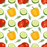 Seamless vegetables pattern with tomato, cucumber, leave of arugula and pepper on white background. Healthy vegan food print for textiles, paper and designs. Vector flat illustration