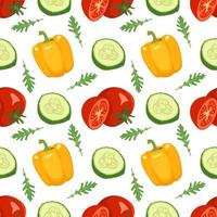 Seamless vegetables pattern with tomato, cucumber, leave of arugula and pepper on white background. Healthy vegan food print for textiles, paper and designs. Vector flat illustration