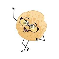 Pancake character with glasses and happy emotion, joyful face, smile eyes, arms and legs. Baking person, homemade pastry with funny expression. Food emoticon for carnival or Maslenitsa vector