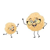 Pancake grandmother with glasses and grandson dancing character with happy emotion, joyful face, smile eyes, arms and legs. Vector flat illustration