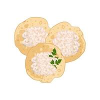 Pancake, delicious homemade pastry with cottage cheese and parsley for breakfast, Maslenitsa, carnival or holiday. Vector flat food illustration