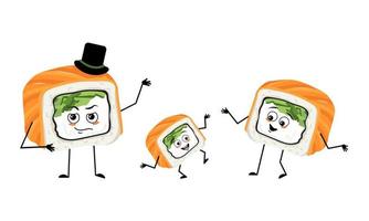 Family of sushi characters with happy emotions, smile face, happy eyes, arms and legs. Mom is happy, dad is wearing hat and child is dancing. Vector flat illustration