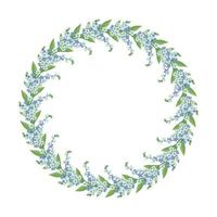 Round wreath of small blue forget me not flowers. Frame with spring blooming composition with buds and leaves. Festive decoration for wedding, holiday, postcard and design. Vector flat illustration