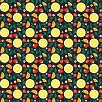 Seamless bright spring and summer pattern with orange, lemon and strawberry with leaves on dark background. Print of citrus fruits and berries. Vector flat illustration of healthy food