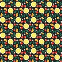 Seamless bright spring and summer pattern with orange, lemon and strawberry with leaves on dark background. Print of citrus fruits and berries. Vector flat illustration of healthy food