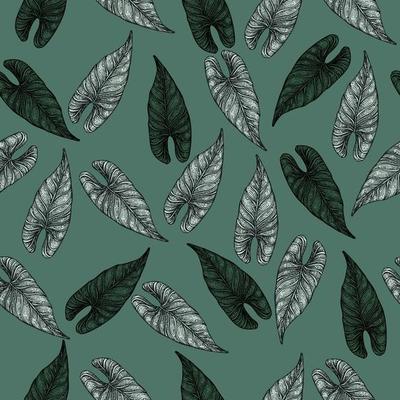 Engraving leaf araceae seamless pattern. Vintage leaves background.