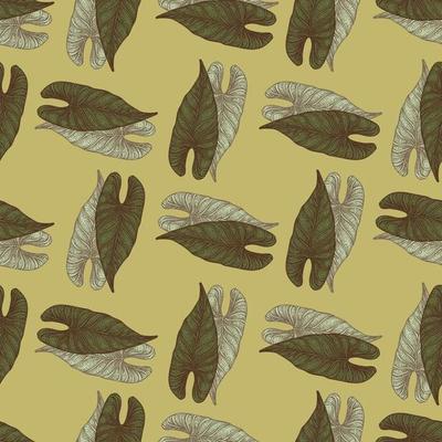 Engraving leaf araceae seamless pattern. Vintage leaves background.
