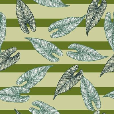 Engraving leaf araceae seamless pattern. Vintage leaves background.